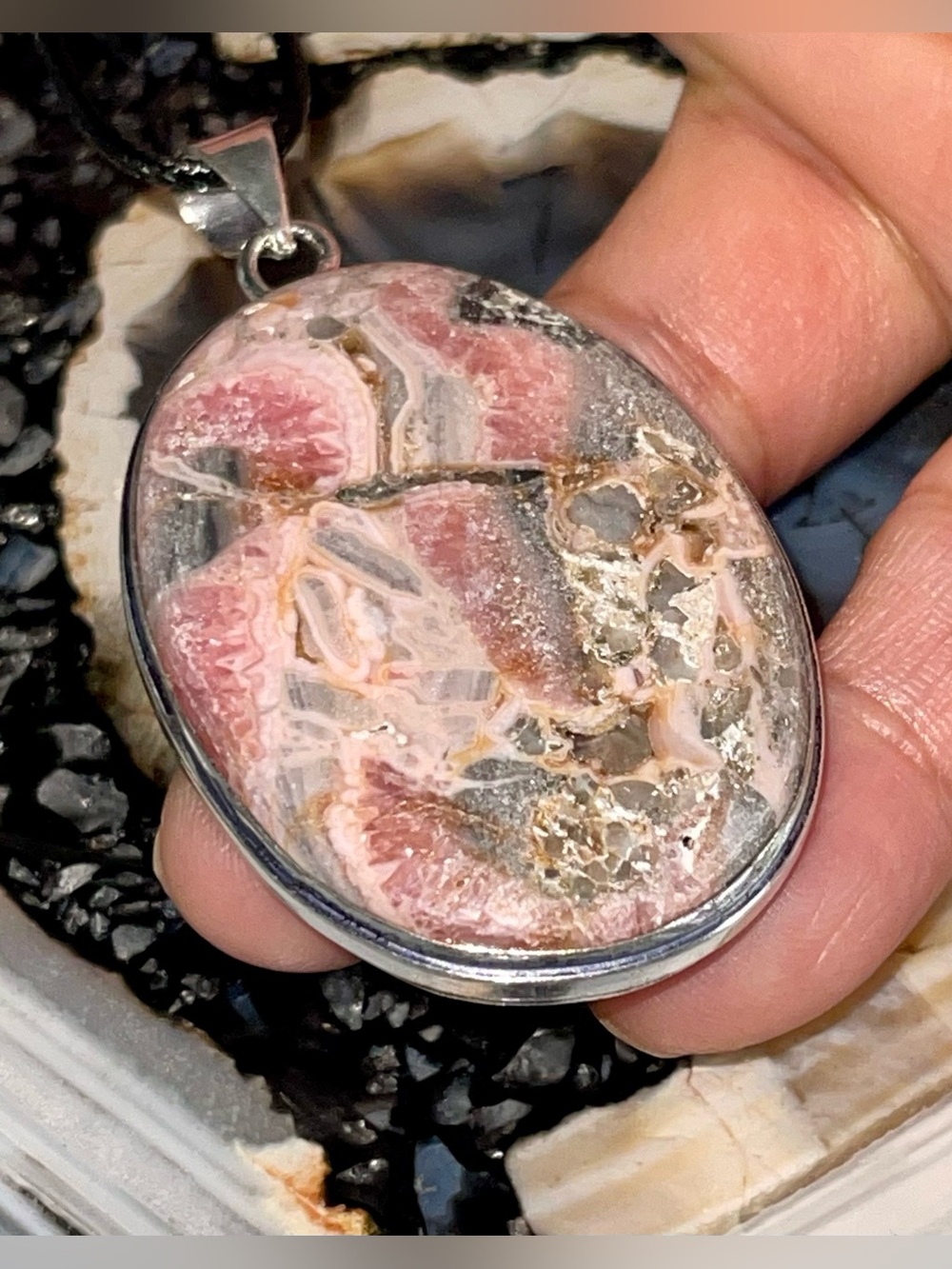 Beautiful Pink Rhodochrosite in Pyrite Pendant 2 1/2”